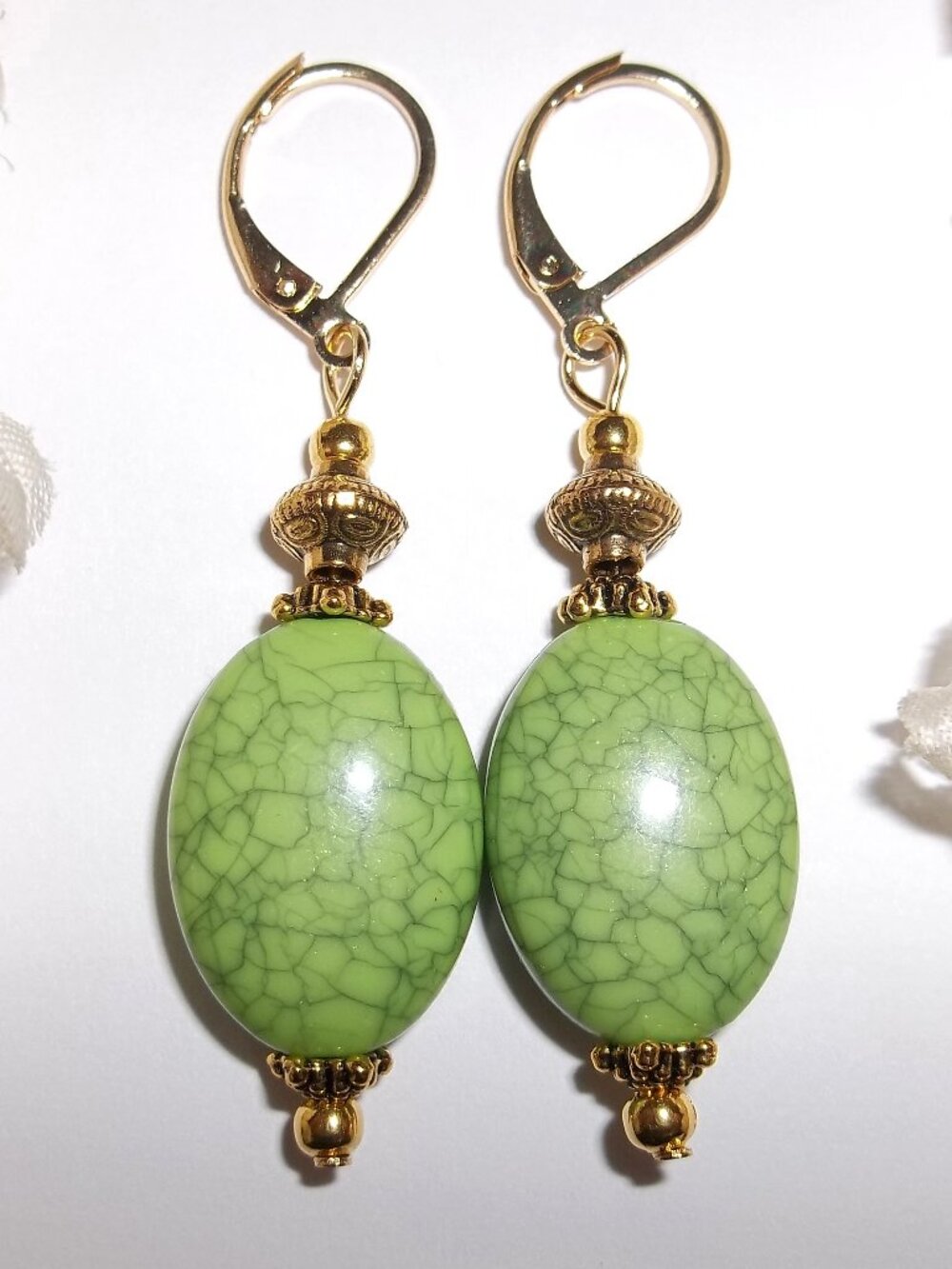 Lime Green Earrings Gold Leverback Dangle Drop Jewelry for Women Set Pair D888
